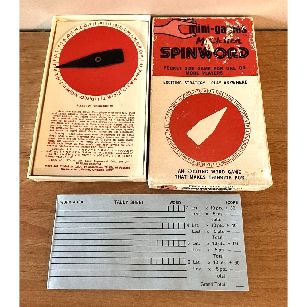 Vintage 1974 Pocket Size SPINWORD Game in Original Box w/Tally Sheets